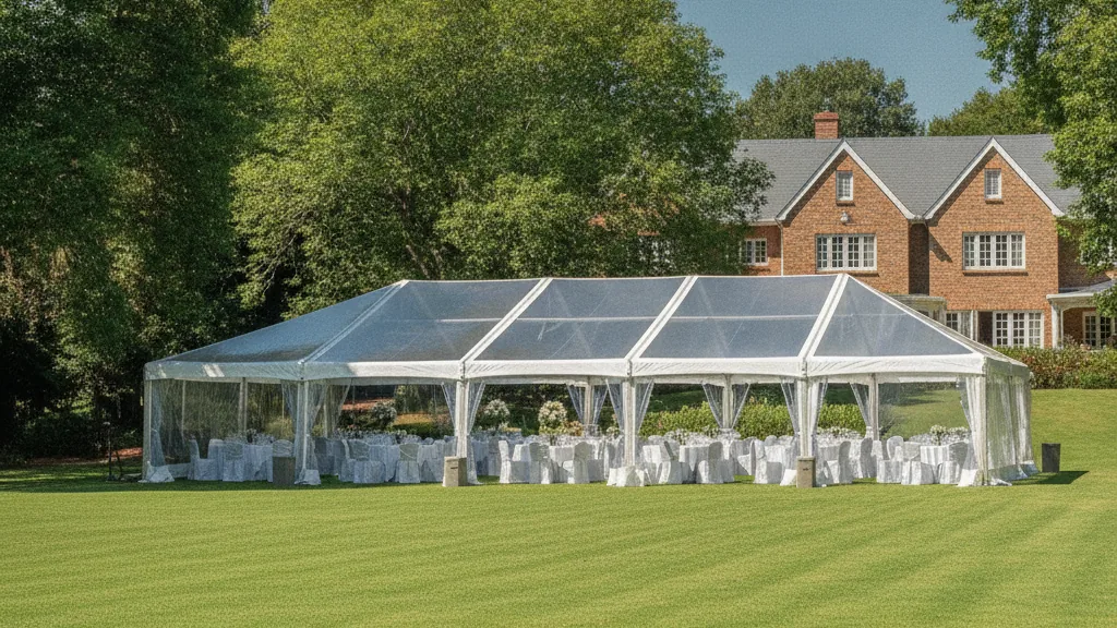 White frame marquee with round tables on a spacious estate lawn beside a face-brick home in Centurion