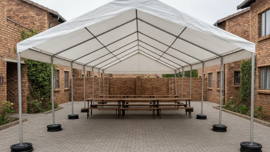 Aluminium frame tent on weight plates on paving in a Pretoria townhouse complex courtyard