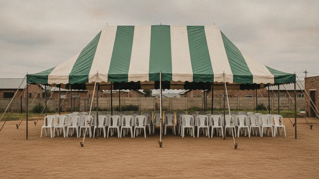 Green and white striped funeral tent with rows of white plastic chairs in a Pretoria township yard