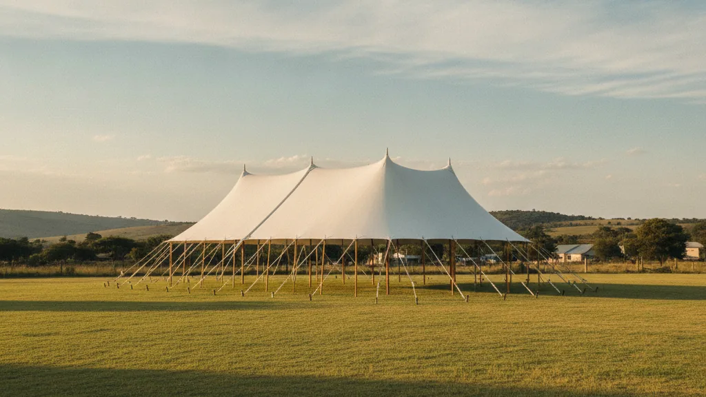 Large white peg-and-pole marquee on an open grassy plot on a semi-rural setting north of Pretoria