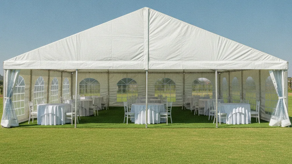 White frame marquee with round tables and white linen set up on a Pretoria garden lawn