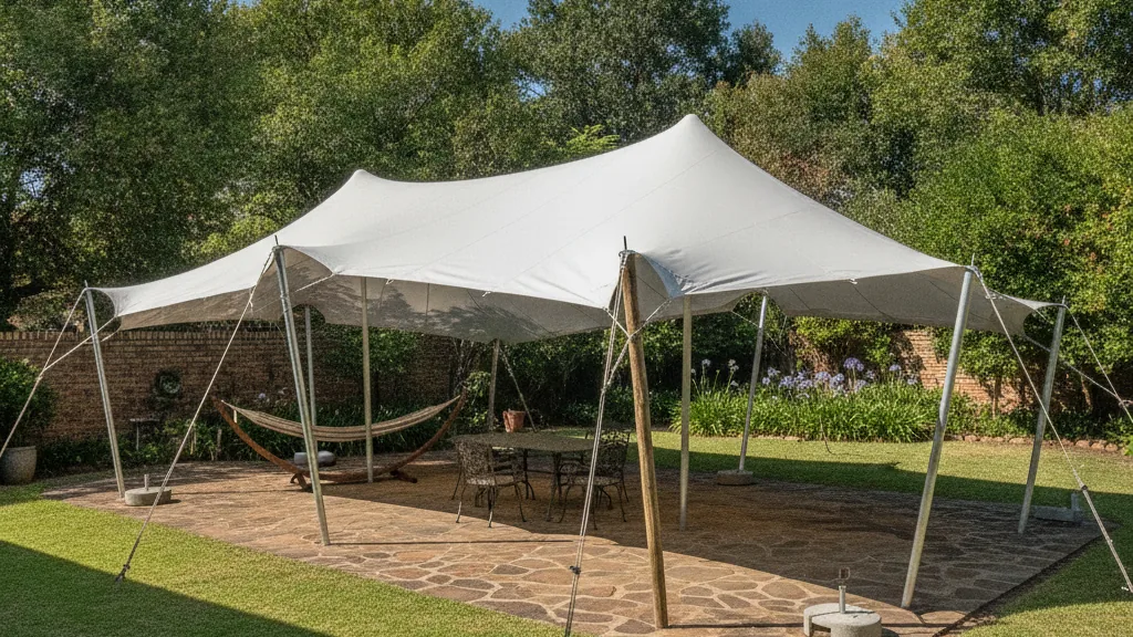 Waterproof white stretch tent tensioned over a paved garden patio in a Pretoria suburb