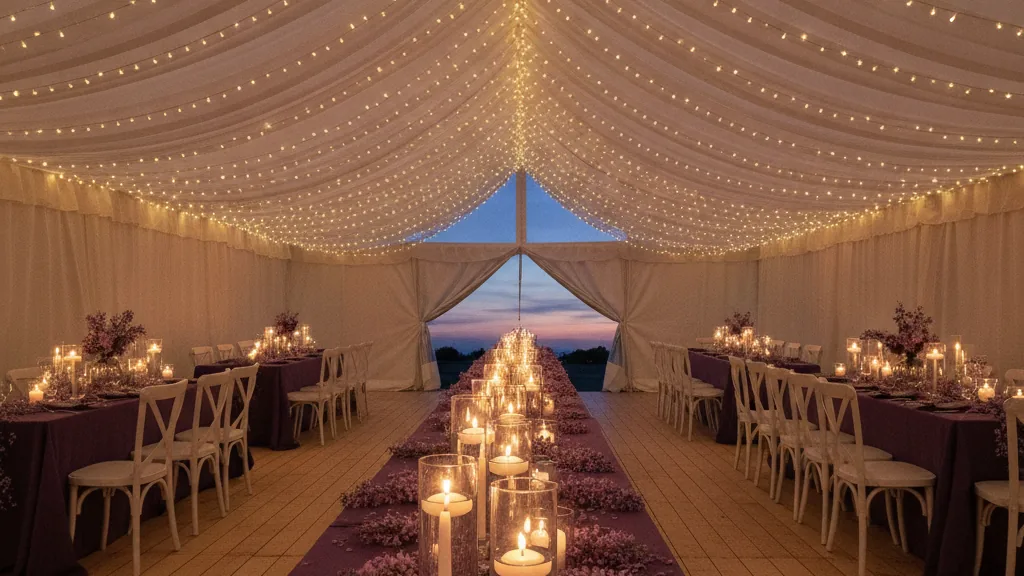 Fairy-lit white wedding marquee interior with candlelit feast tables and jacaranda-blossom runners at dusk
